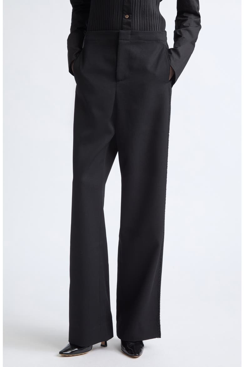 Trine Side Embroidered Wool Wide Leg Pants, Main, color, BLACK