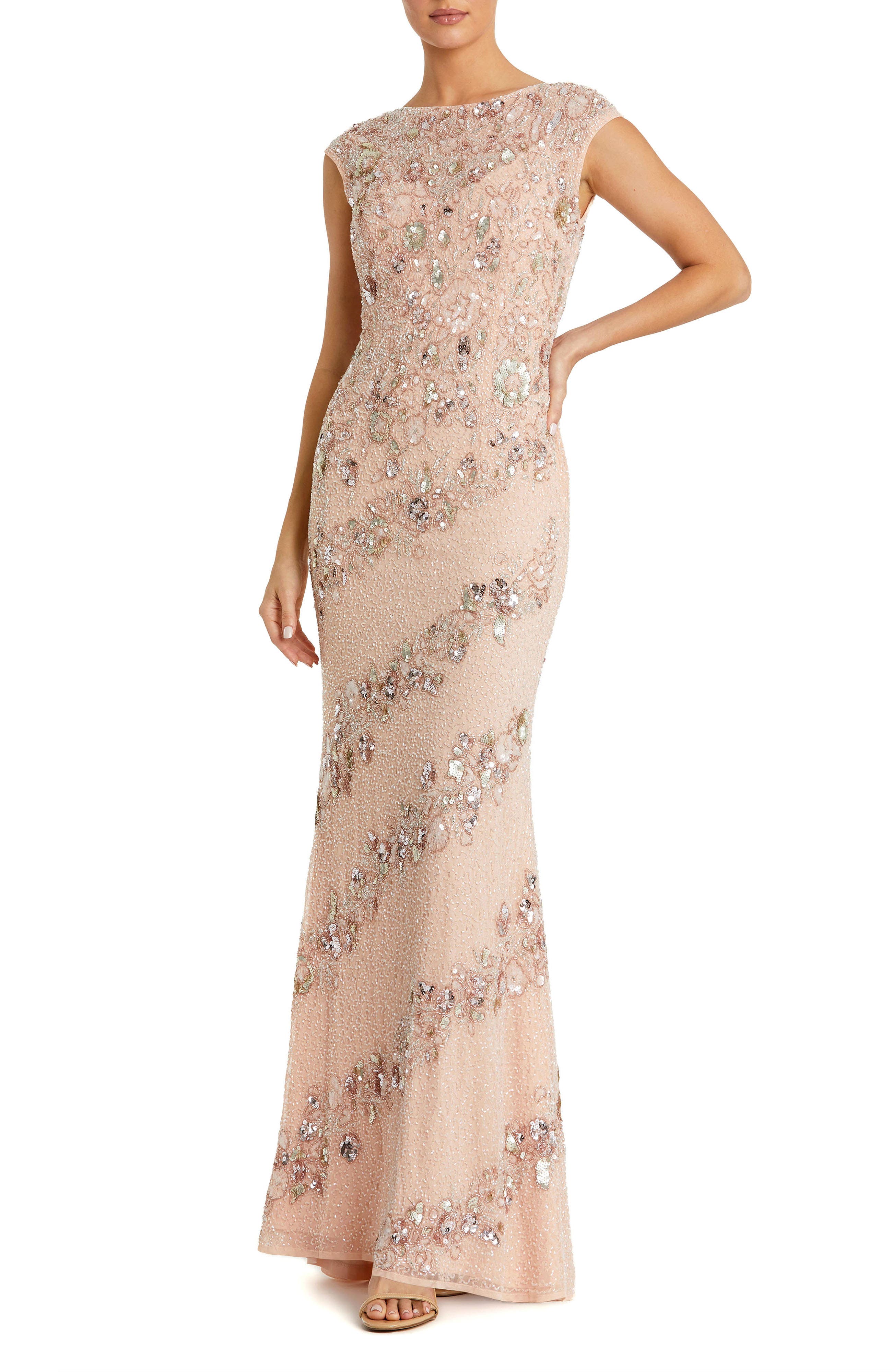 Floral Embellished Cap Sleeve Column Evening Gown