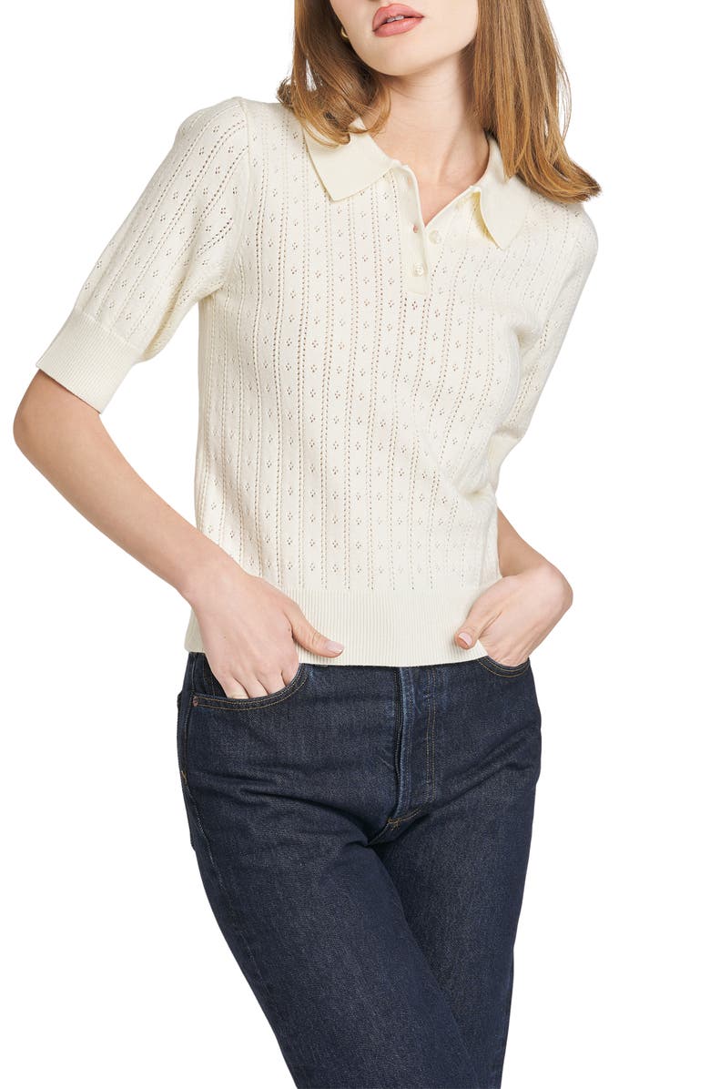 WAYF Taylor Short Sleeve Pointelle Polo Sweater, Main, color, Ivory