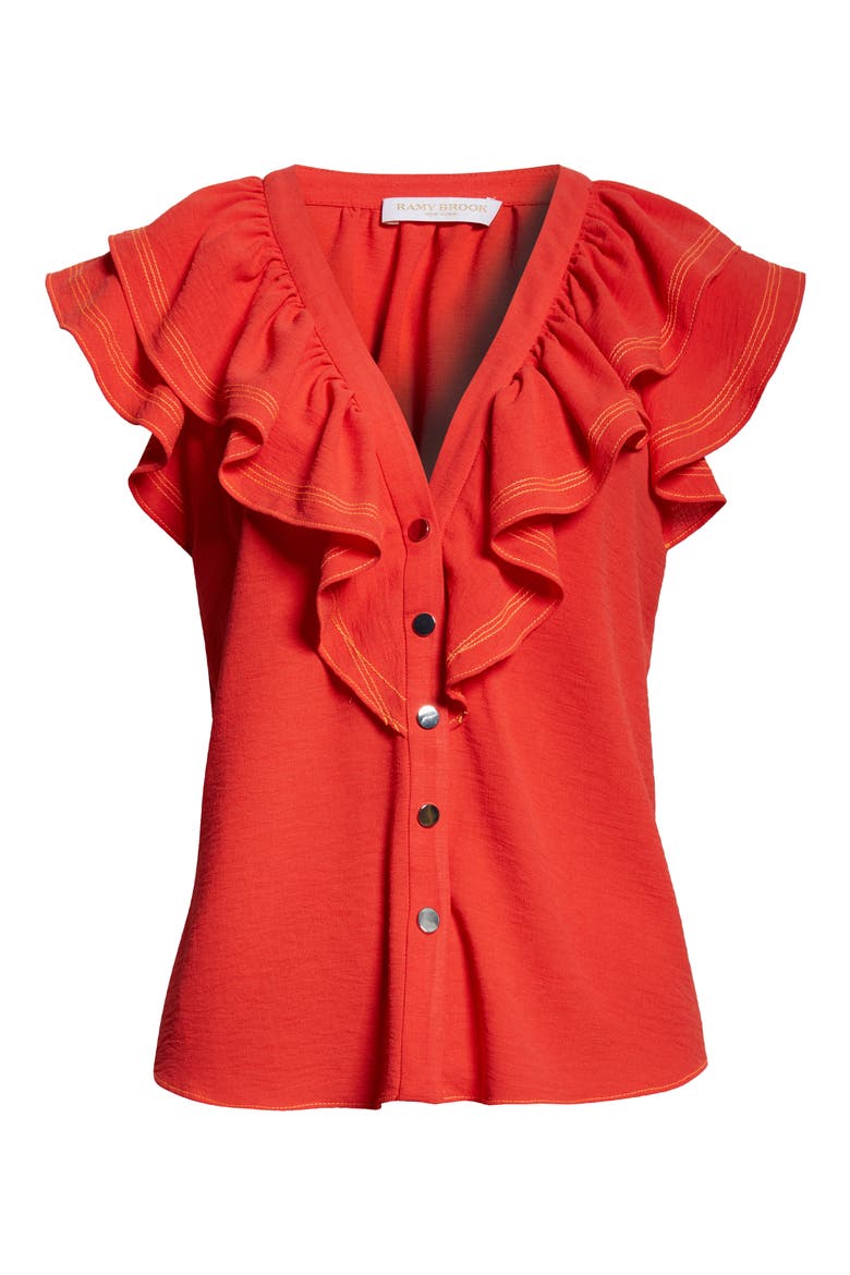 Lettie Ruffle Detail Button-Up Shirt, Alternate, color, FLAME