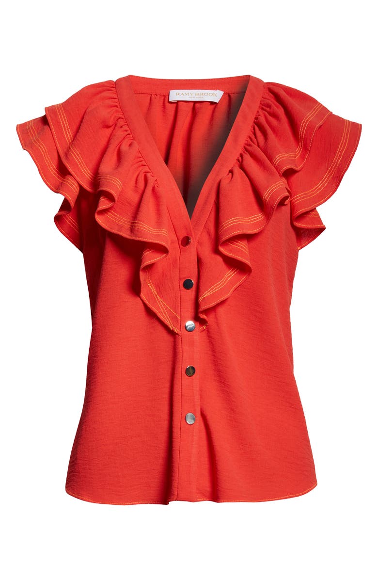 Ramy Brook Lettie Ruffle Detail Button-Up Shirt, Alternate, color, Flame