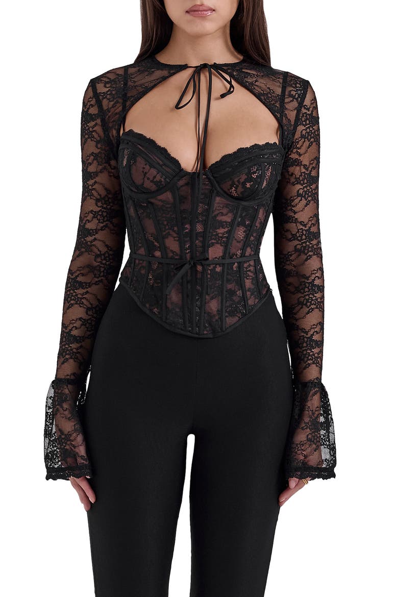 Lace Corset Top with Bolero, Main, color, BLACK