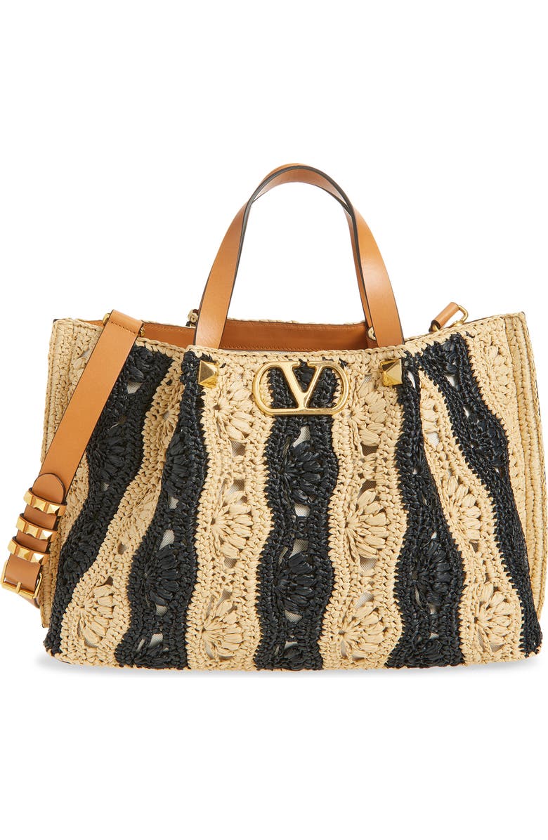 Valentino Garavani VLOGO Signature Crocheted Raffia Tote, Main, color, Natural/ Black