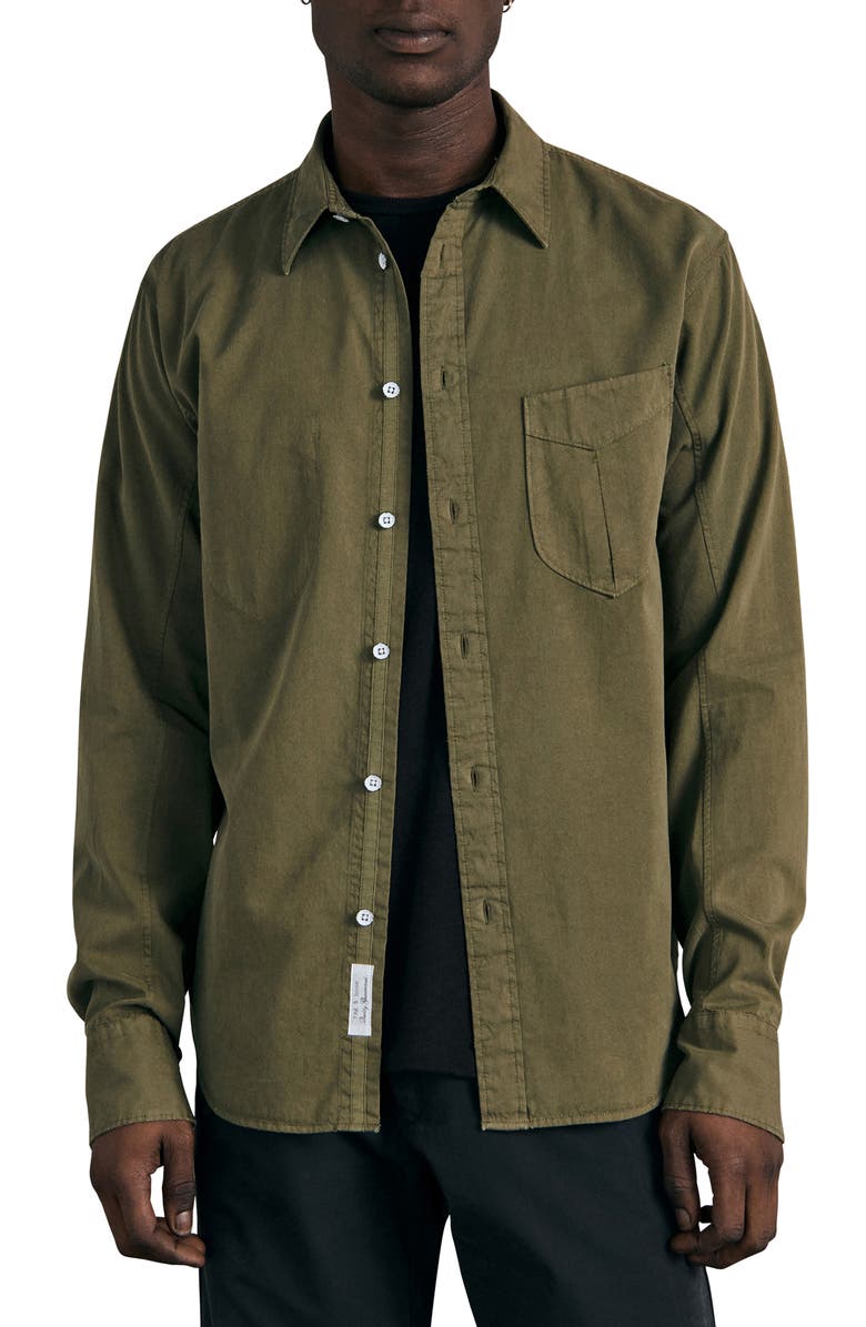 rag & bone Arrow Garment Dyed Cotton Blend Button-Up Shirt, Main, color, Moss