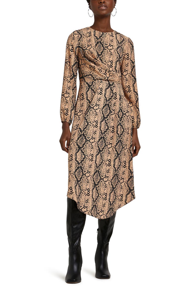 Long Sleeve Faux Wrap Midi Dress, Main, color, BROWN