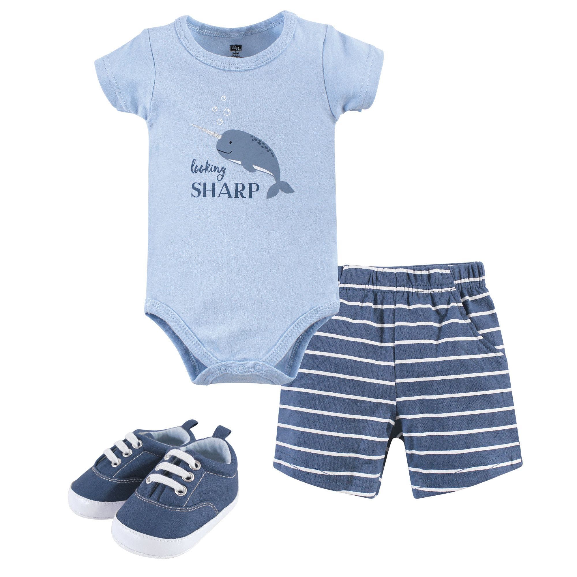 Hudson Baby Cotton Bodysuit, Shorts And Shoe Set In Blue