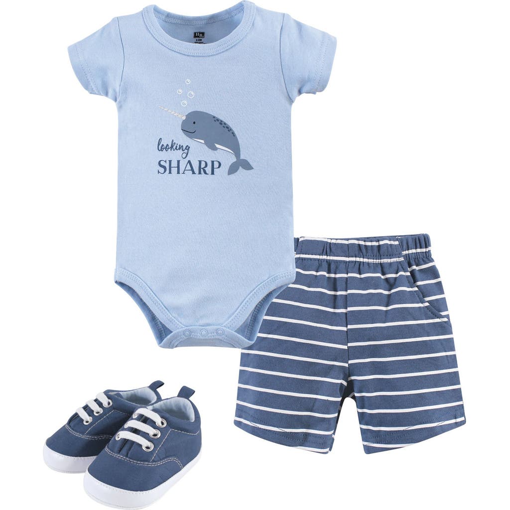 Hudson Baby Cotton Bodysuit, Shorts And Shoe Set In Blue