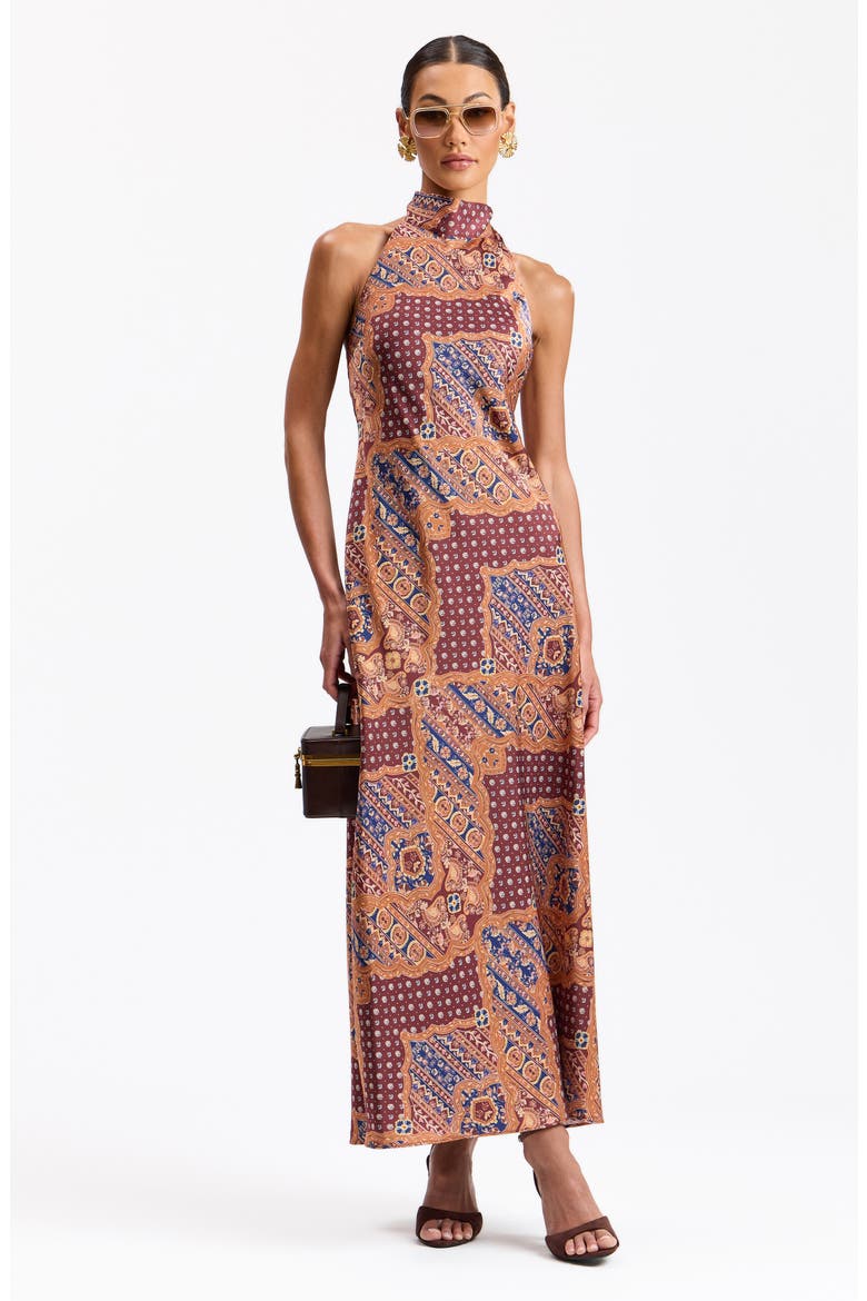 Scarf Print Halter Neck Satin Maxi Dress, Alternate, color, COGNAC MEDALLION SCA