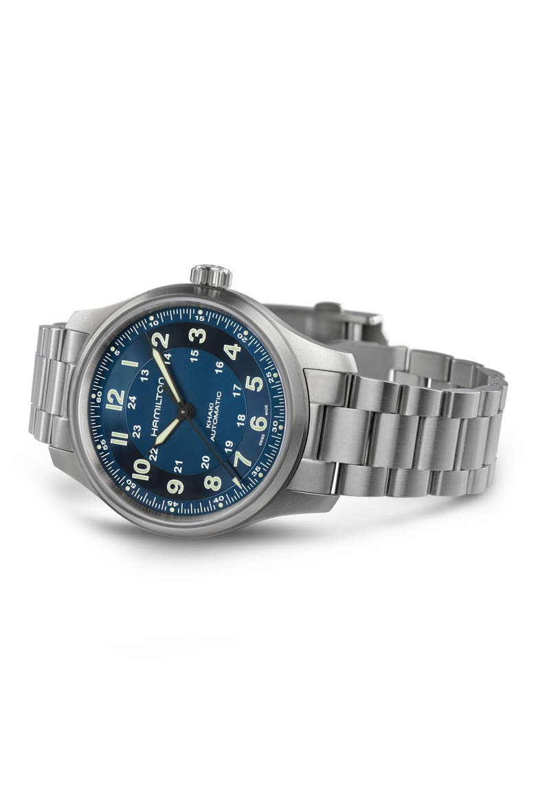Khaki Field Automatic Bracelet Watch, 38mm, Alternate, color, BLUE