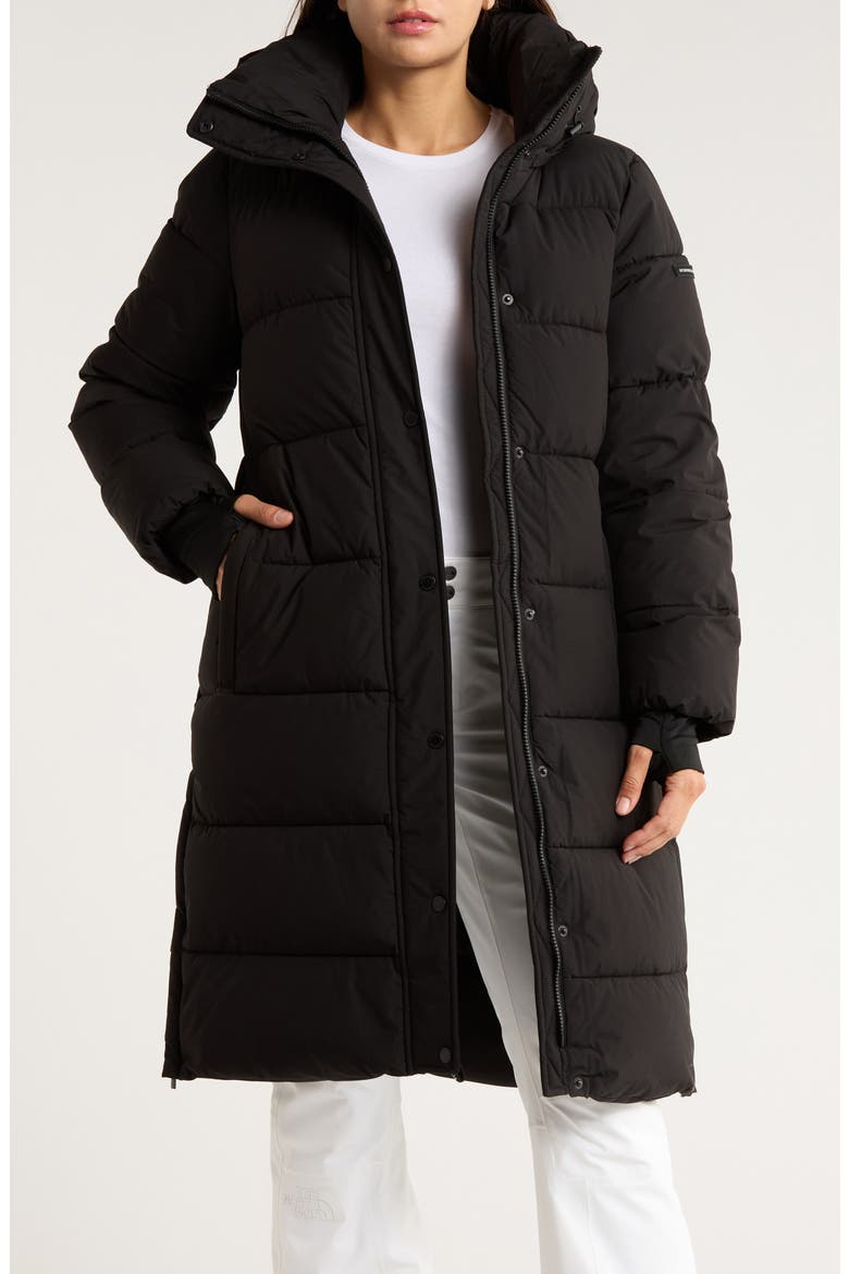 Pillow 3/4 Hooded Longline Puffer Coat, Alternate, color, BLACK