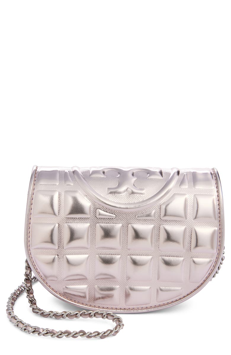 Tory Burch Fleming Metallic Square Quilt Mini Crossbody, Main, color, Sparkle Pink