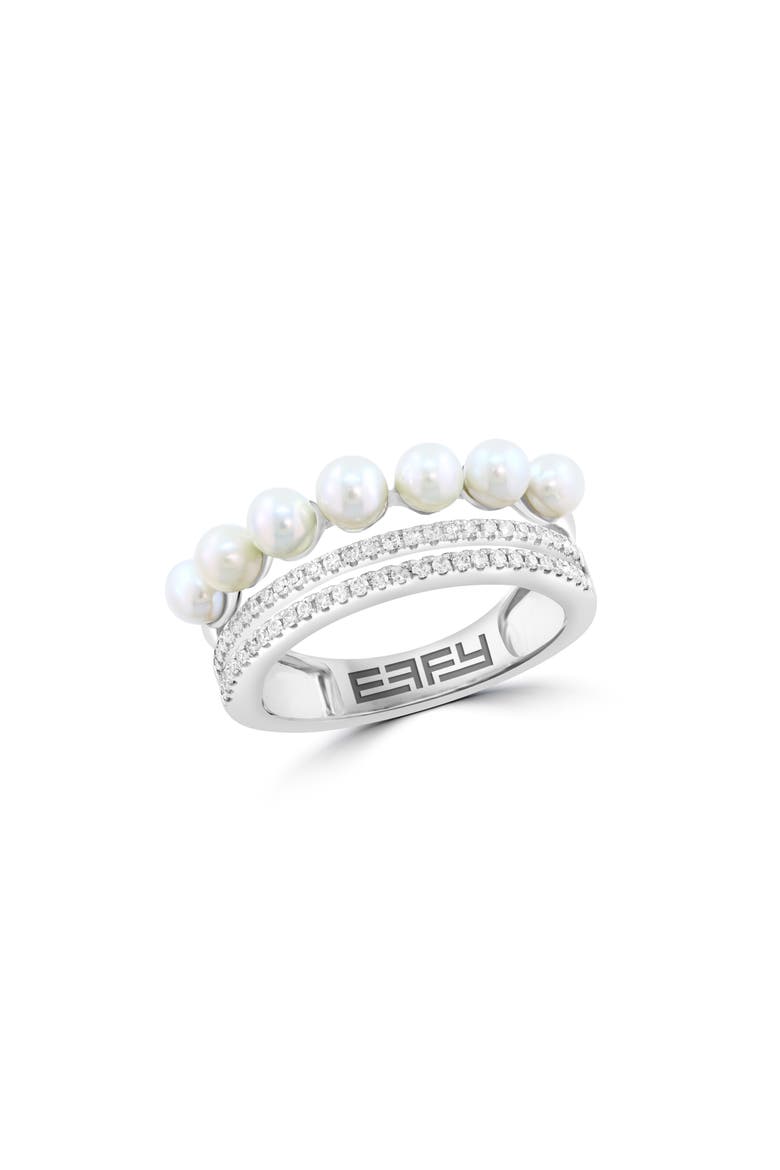 Sterling Silver Freshwater Pearl & Diamond Triple Band Ring, Main, color, WHITE