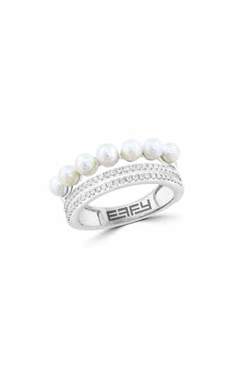 Sterling Silver Freshwater Pearl & Diamond Triple Band Ring