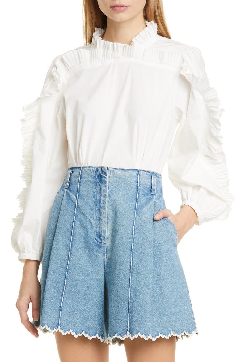 Tabitha Ruffle Balloon Sleeve Stretch Cotton Blouse, Main, color, WHITE