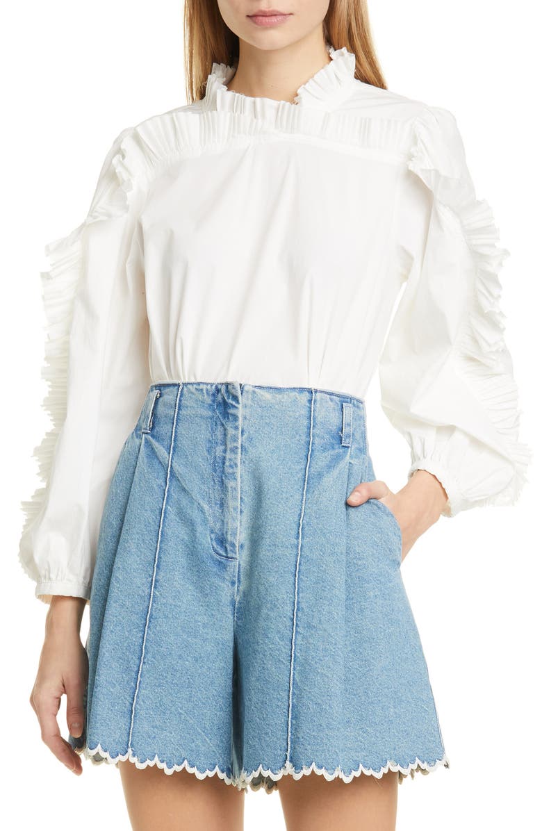 Sea Tabitha Ruffle Balloon Sleeve Stretch Cotton Blouse, Main, color, 