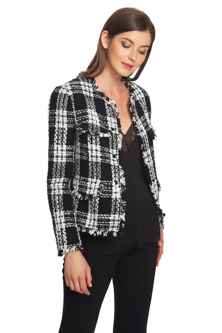 Raw Edge Plaid Tweed Jacket, Alternate, color, RICH BLACK