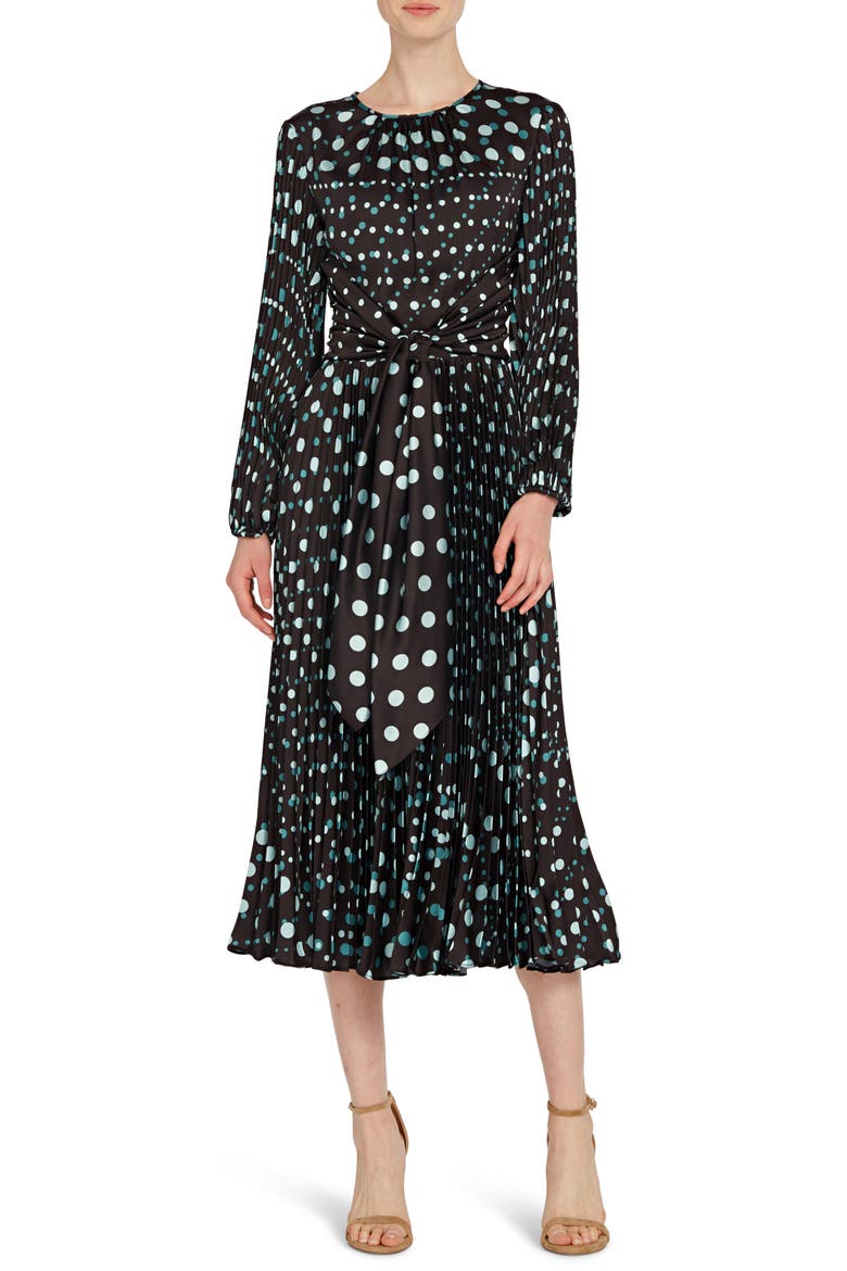 Long Sleeve Polka Dot Midi Dress, Main, color, JET/ MINT COMBO