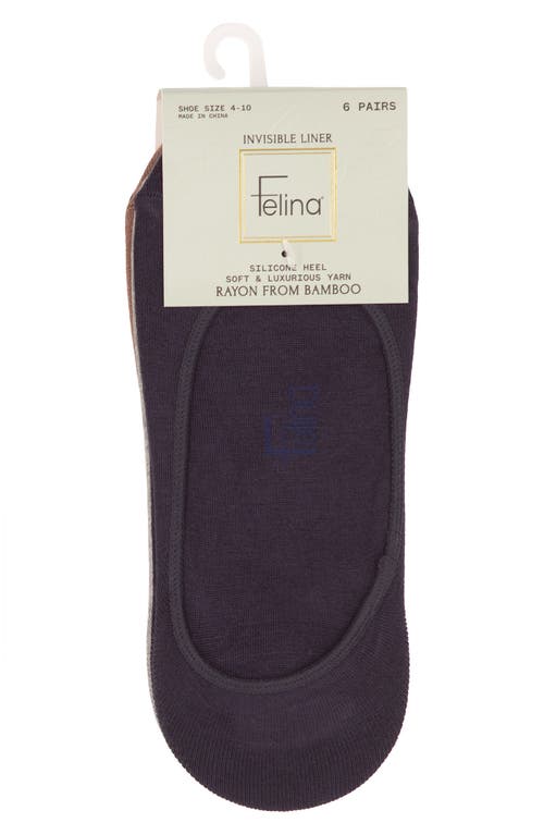 Felina Assorted 6-pack Liner Socks In Blue/brown/grey