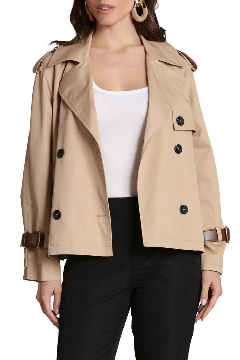 Short Trench Jacket with Faux Leather Belt, Alternate, color, CAMEL