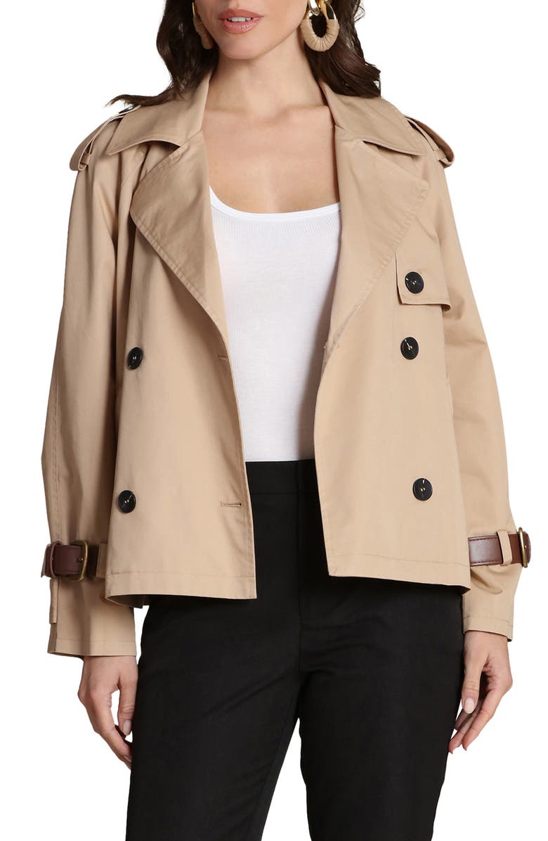 Avec Les Filles Short Trench Jacket with Faux Leather Belt, Alternate, color, Camel