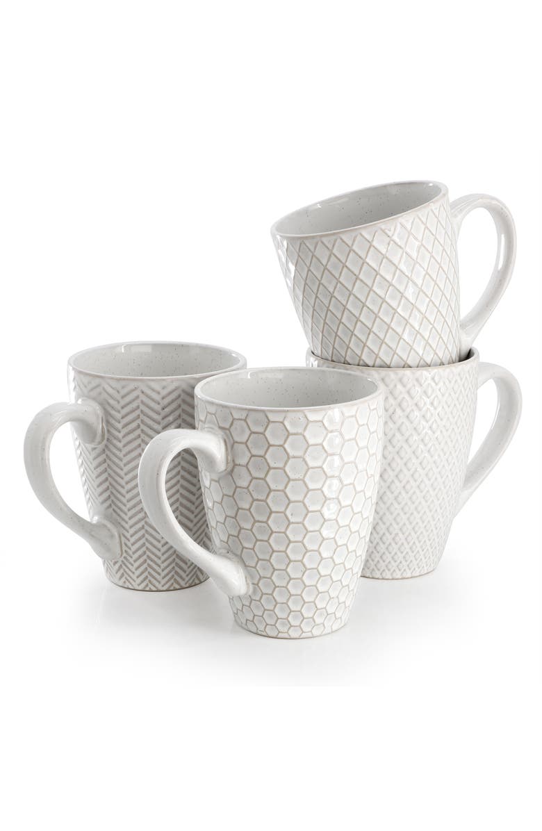 Gibson Elite Earlhart 4 Piece 16 Ounce Stoneware Assorted Pattern Mug Set, Alternate, color, White