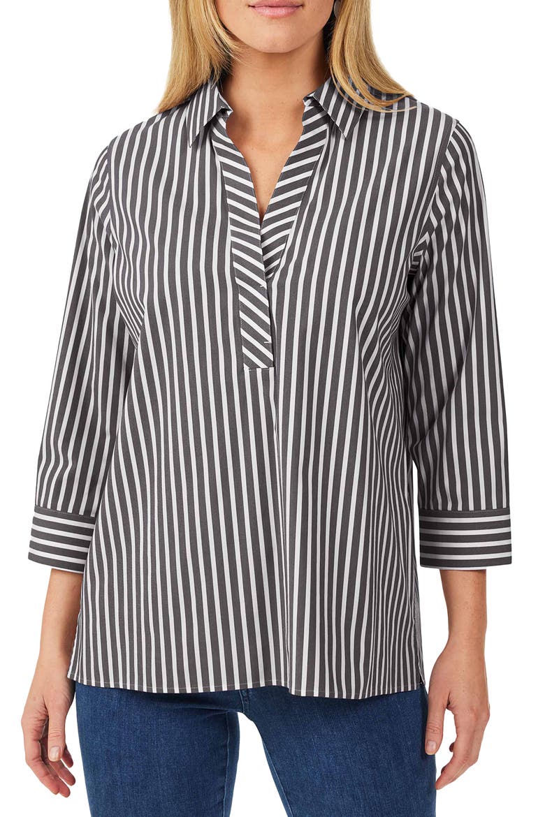 Sophia Stripe Three-Quarter Sleeve Stretch Tunic, Main, color, BLACK