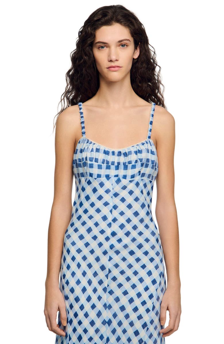 SANDRO Gingham linen maxi dress, Alternate, color, Blu / White