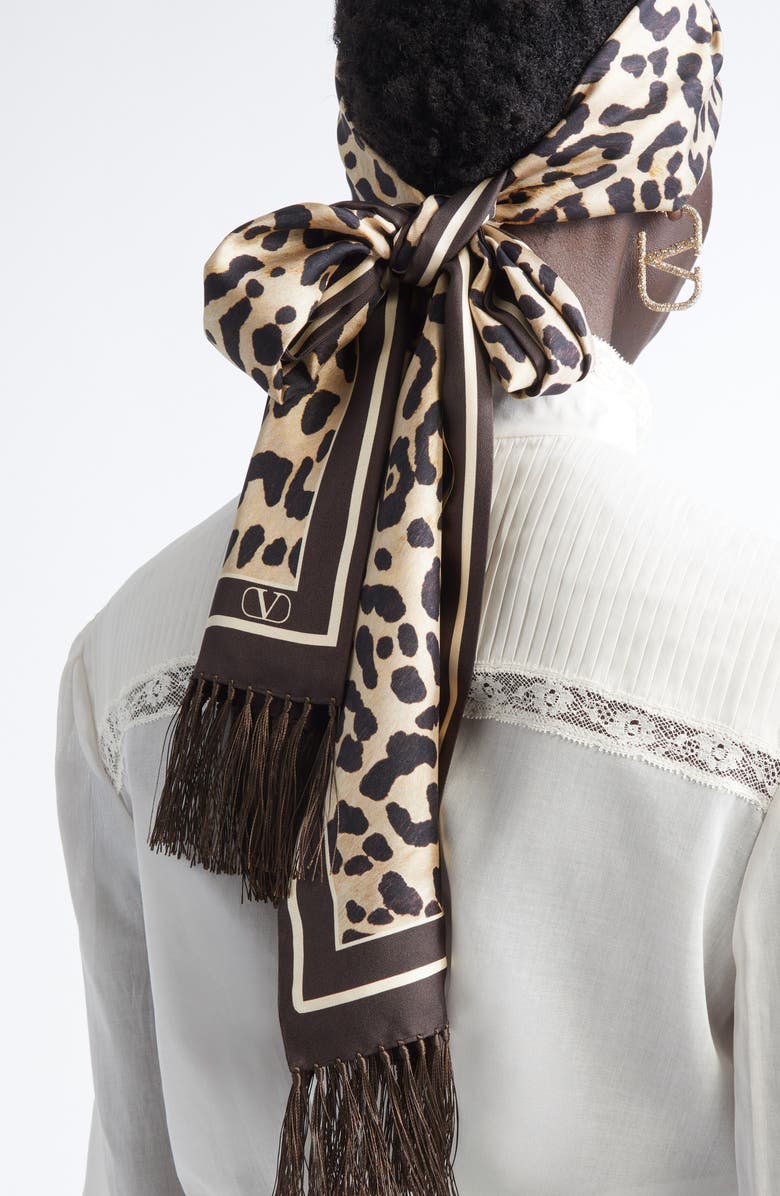 Valentino Garavani Leopard Print Twill Fringe Scarf, Alternate, color, Multicolor Animalier