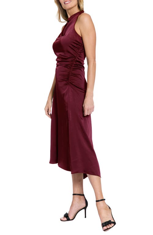 London Times Mock Neck Ruched Asymmetric Midi Dress In Burgundy