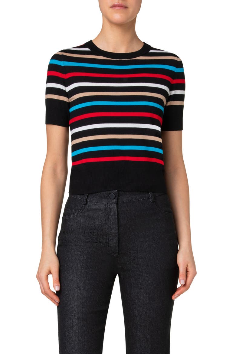 Stripe Short Sleeve Crop Merino Wool Sweater, Main, color, BLACK-MULTICOLOR