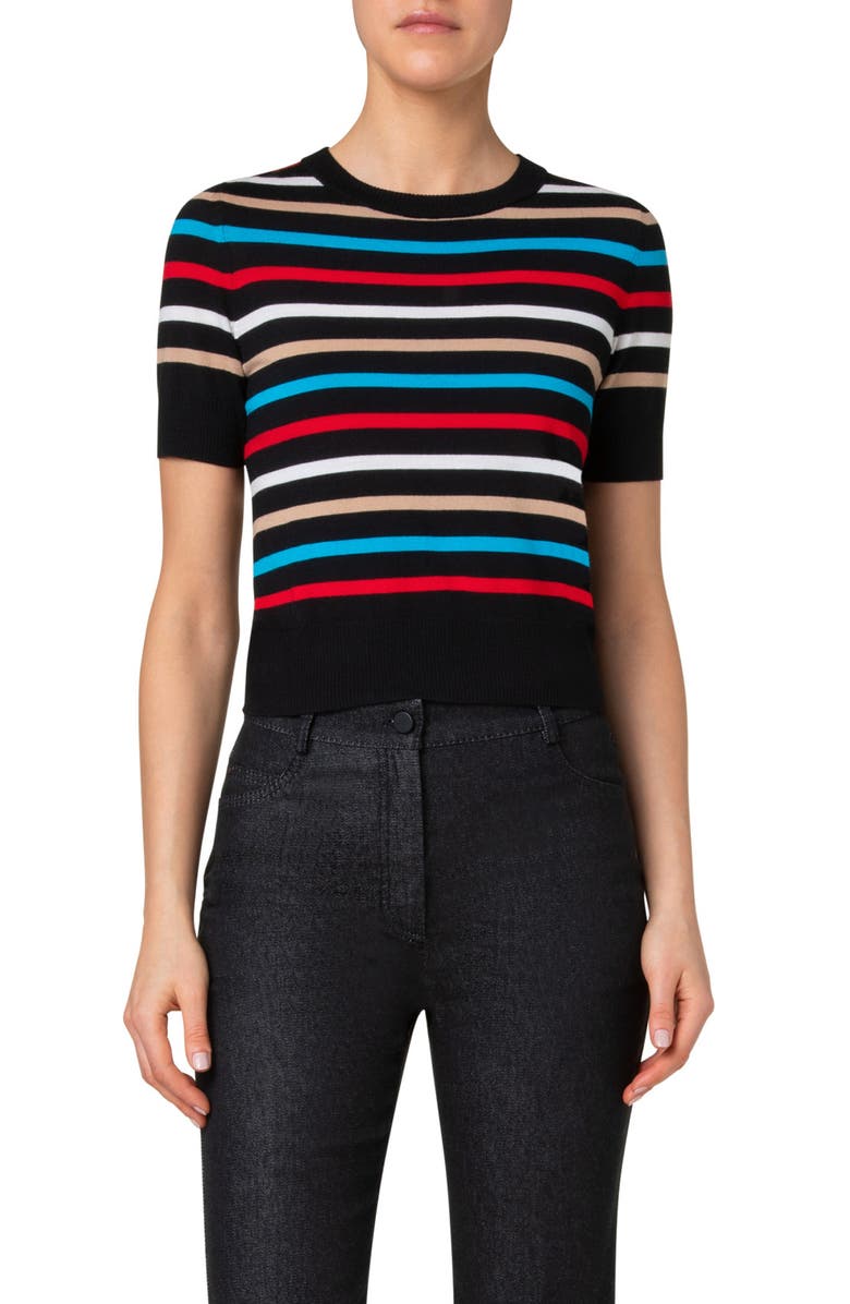 Akris punto Stripe Short Sleeve Crop Merino Wool Sweater, Main, color, 