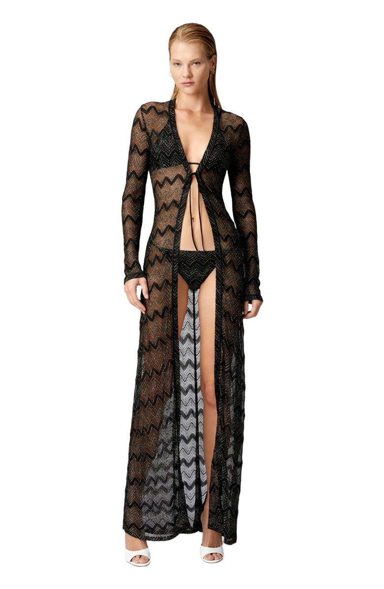 Missoni Long Cardigan In Zig Zag Lamé Viscose, Main, color, Black & Lamé