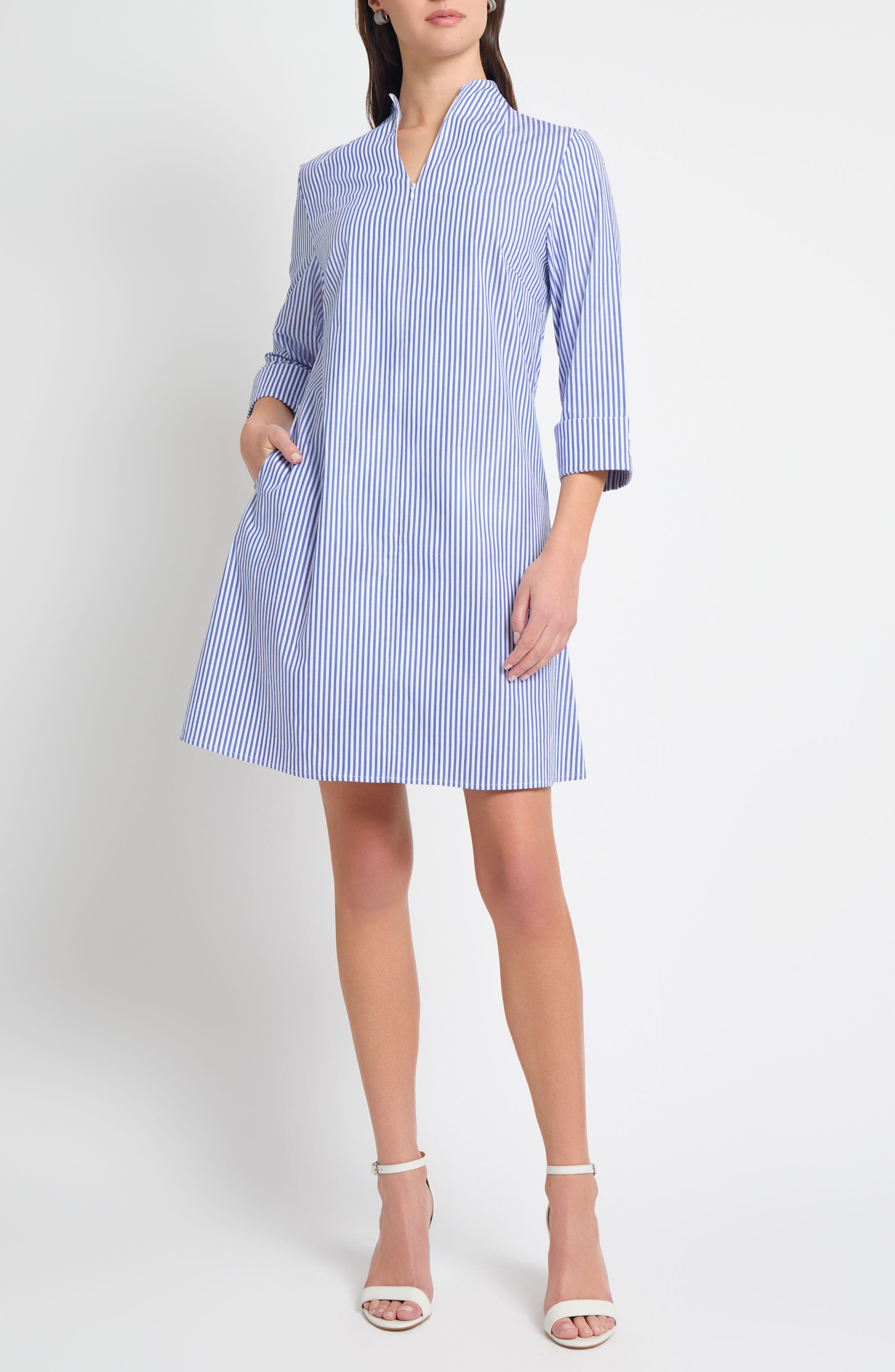 Front Zip Stretch Cotton Shirt Dress