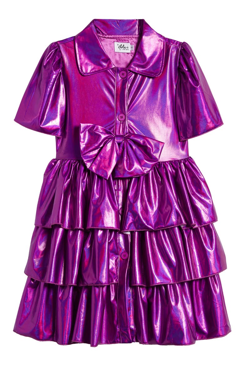 Kids' Bow Iridescent Tiered Shirtdress, Main, color, PINK