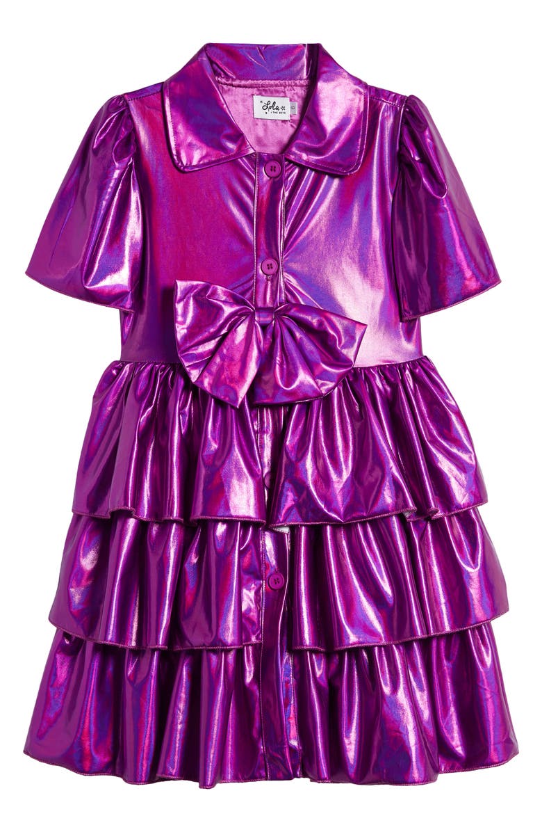 Lola + The Boys Kids' Bow Iridescent Tiered Shirtdress, Main, color, Pink
