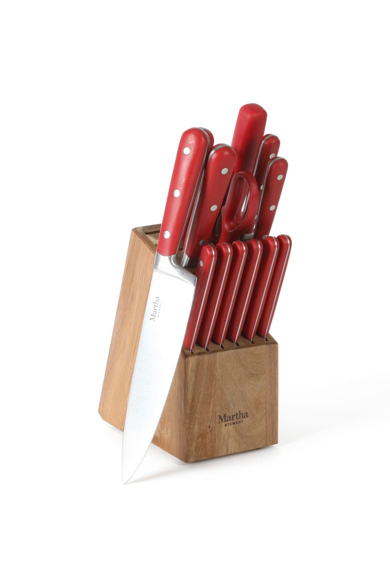 Eastwalk 14-Piece Forged Stainless Steel Knife Block Set with Acacia Wood Block, Main, color, Red