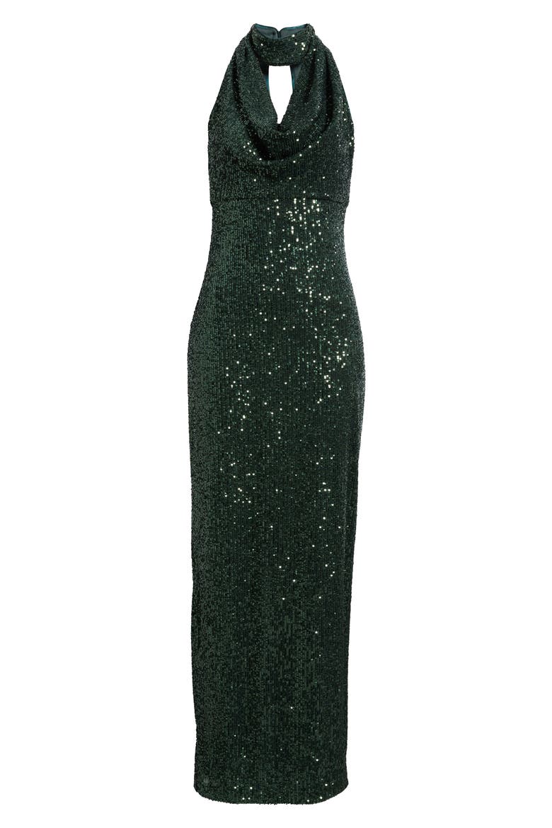 Sequin Choker Cowl Neck Gown, Alternate, color, EMERALD