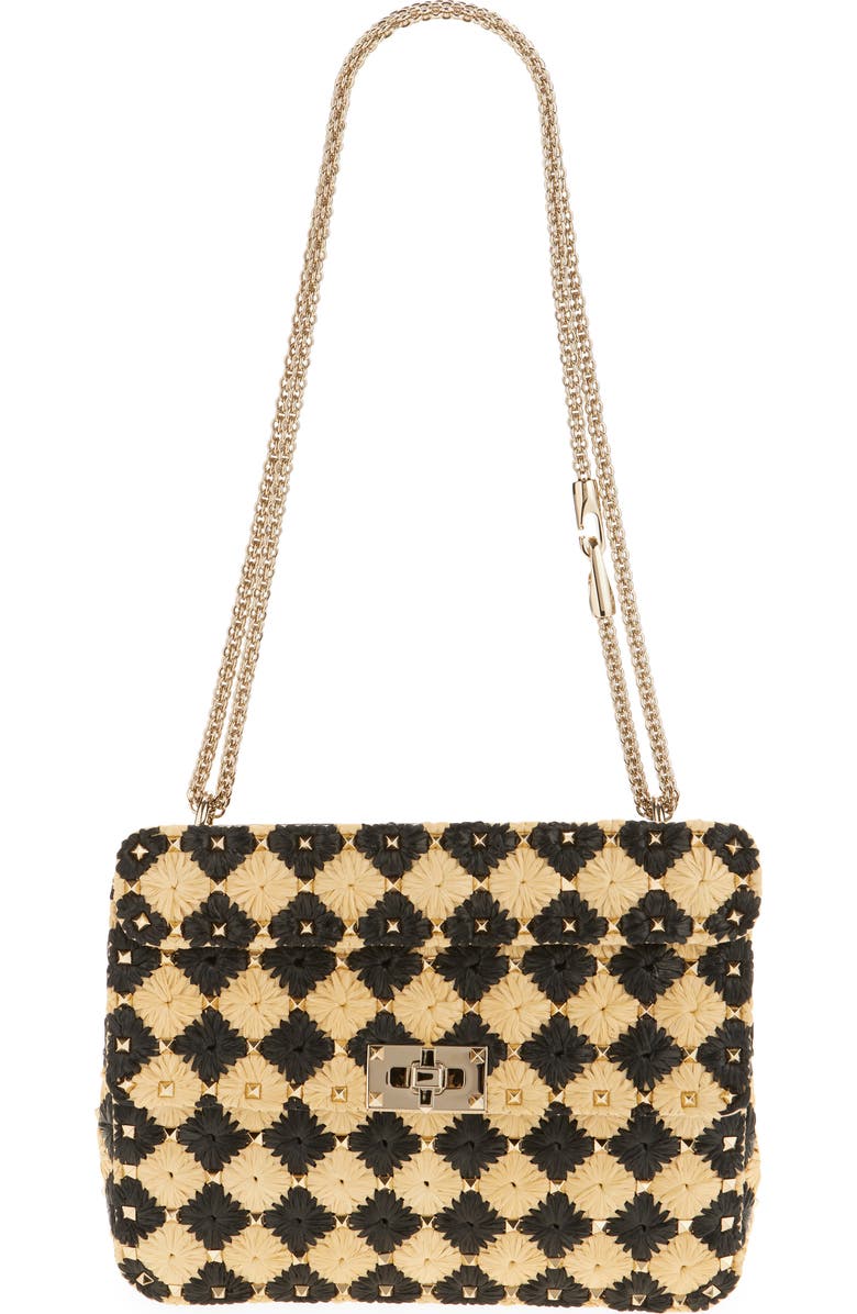 Valentino Garavani Medium Rockstud Spike Check Raffia Shoulder Bag, Main, color,