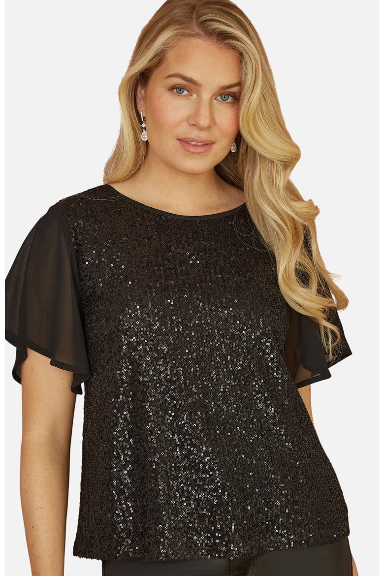 Sheer Short Sleeve Sequin Top, Main, color, Black