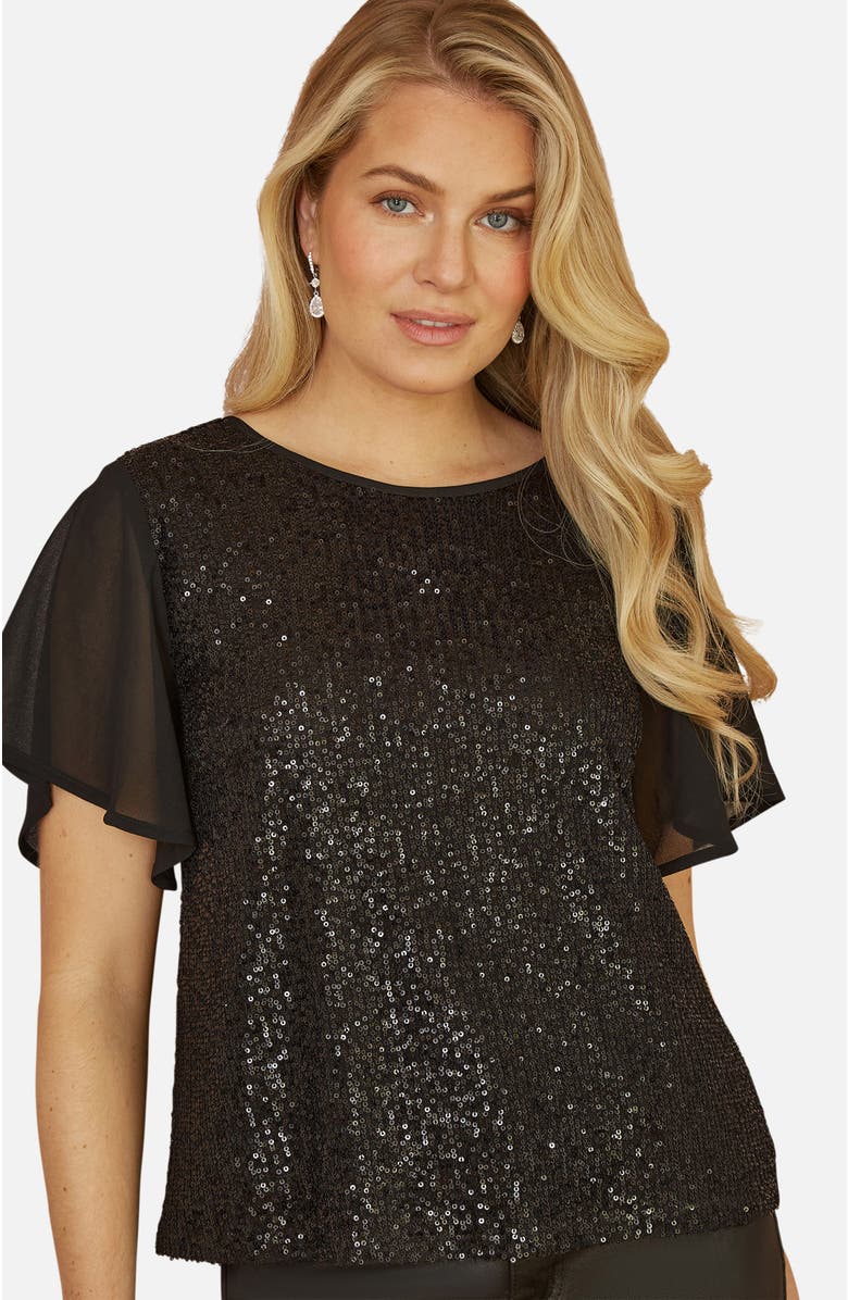 Yumi Sheer Short Sleeve Sequin Top, Main, color, Black