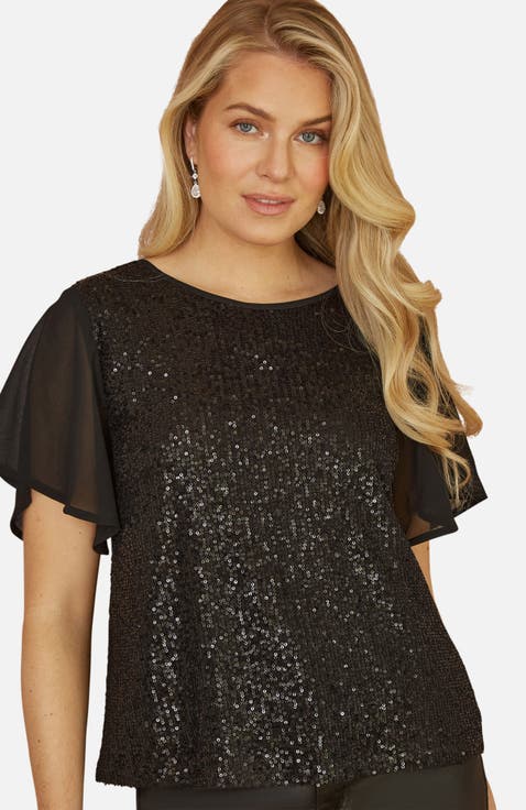 Sheer Short Sleeve Sequin Top