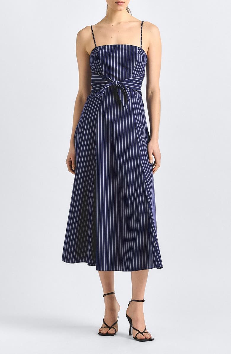 Derek Lam 10 Crosby Zandra Tie Waist Sleeveless Midi Dress, Main, color, Dark Navy Stripe