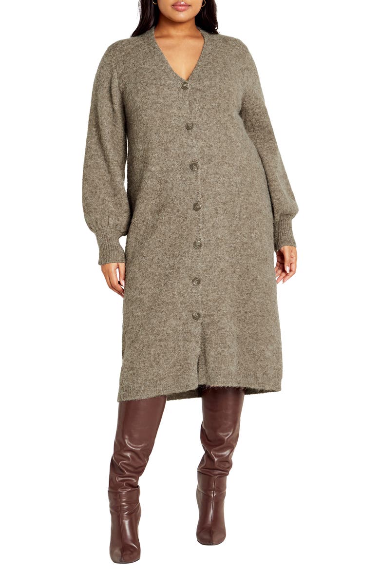 Eleni Button Front Long Sleeve Sweater Dress, Main, color, TAUPE MARLE