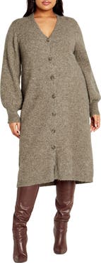 City Chic Eleni Button Front Long Sleeve Sweater Dress