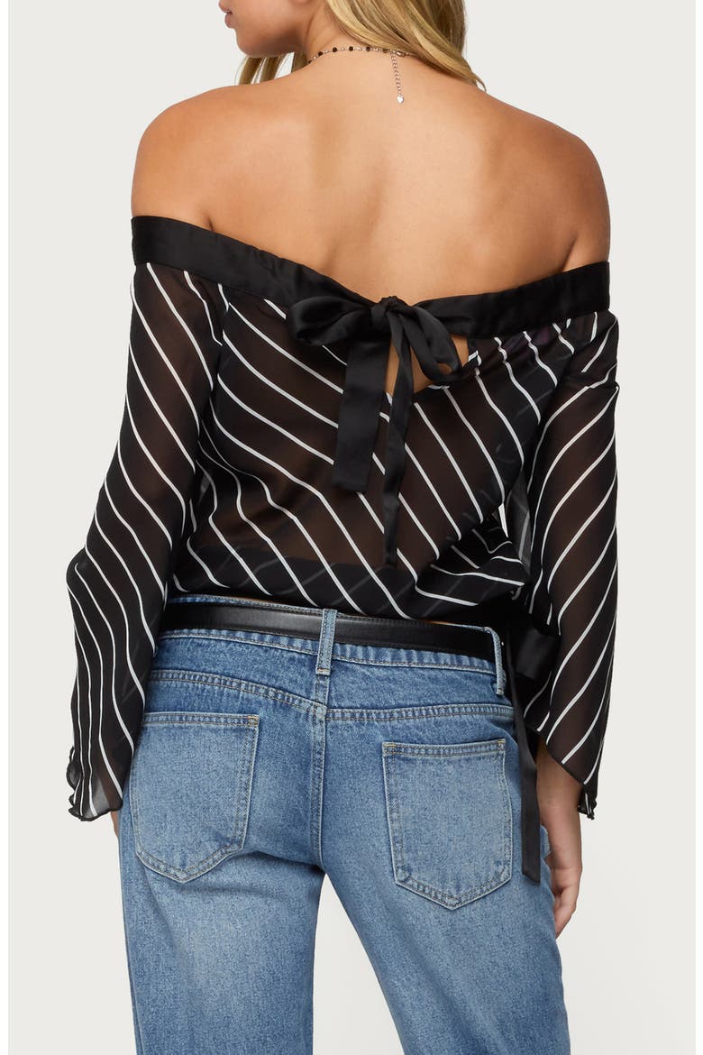 Stripe Off the Shoulder Mesh Top, Alternate, color, BLACK