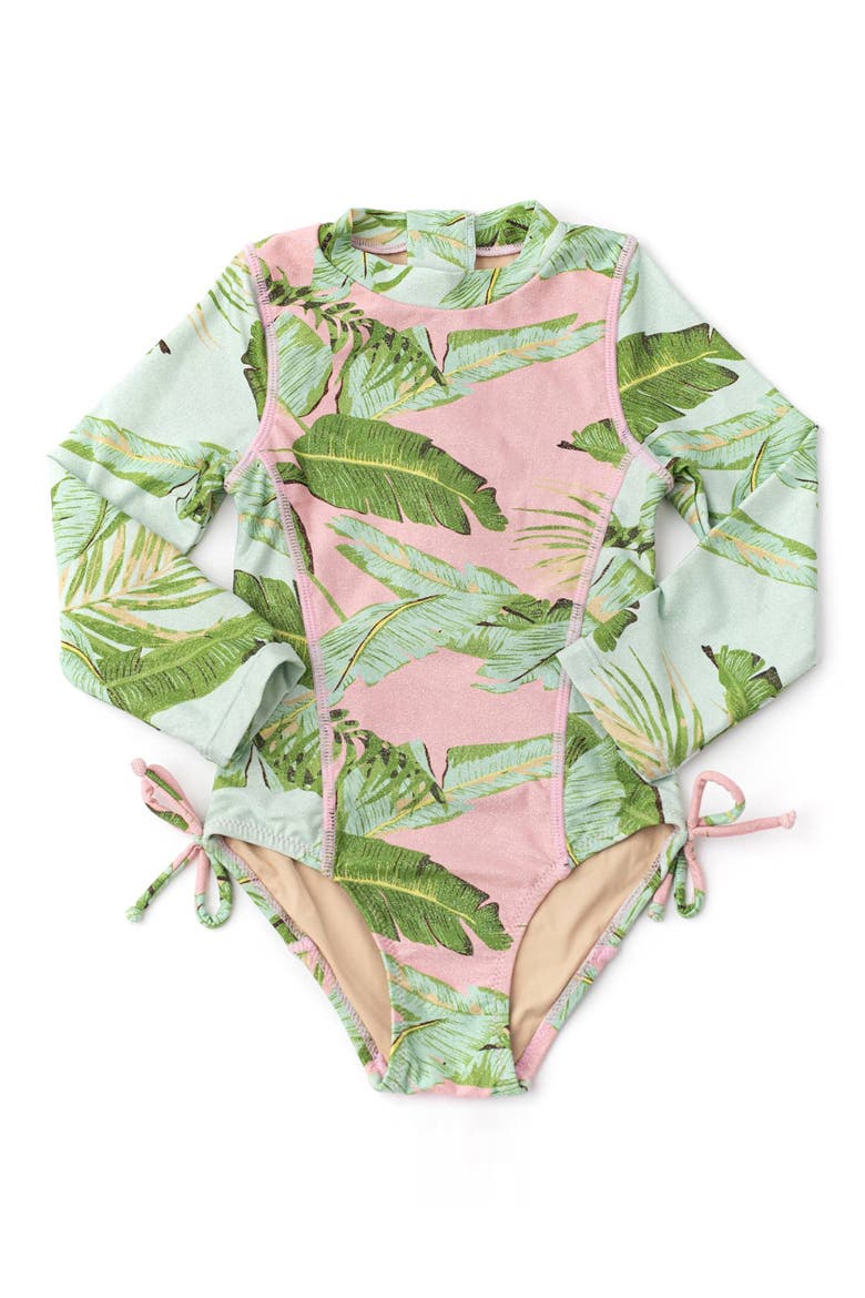 Kids' Shimmer Cabana Palms Long Sleeve One-Piece UPF 50+ Rashguard Swimsuit, Main, color, GREEN MULTI
