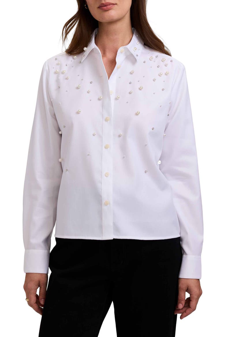 Jodie Faux Pearl & Rhinestone Button-Up Shirt, Main, color, WHITE