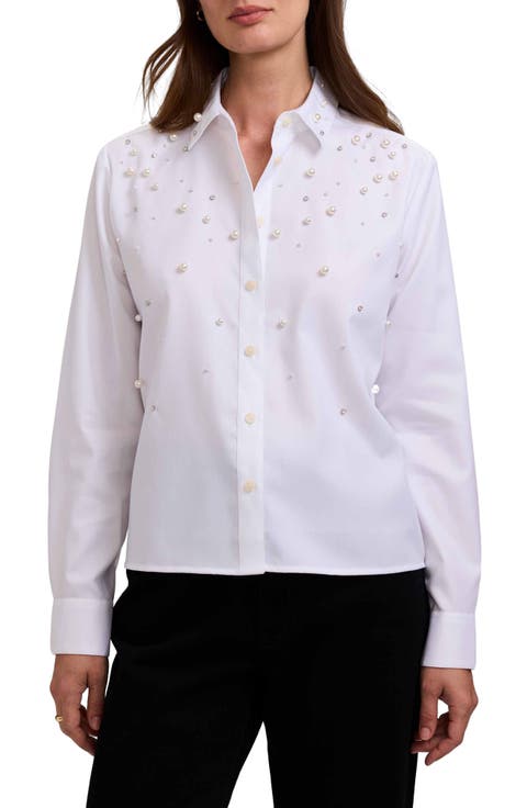 Jodie Faux Pearl & Rhinestone Button-Up Shirt