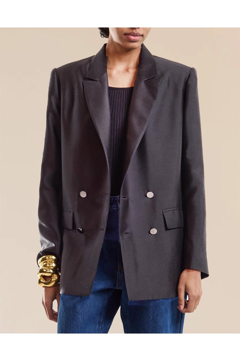 Silk Wool Double Breasted Blazer, Alternate, color, Black