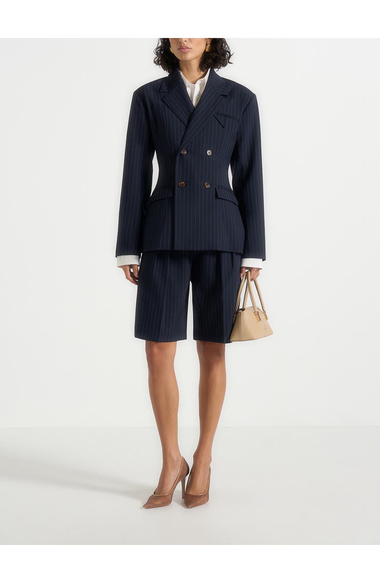 Manière De Voir Lorette Pinstripe Double Pleat Tailored Shorts, Main, color, Navy Pinstripe
